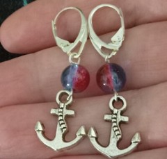 925 Sterling Silver Filled Red Blue Glass Bead Anchor Navy Charm Lever Earrings
