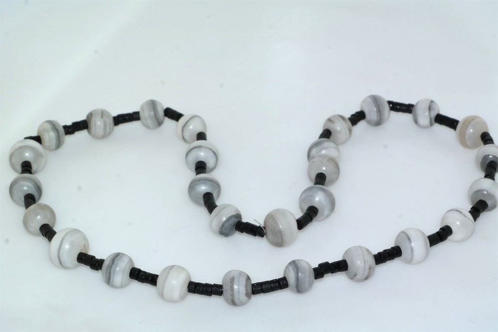 Artisan Marble Gray Agate Stone Black Onyx Bead 24″ Necklace Strand
