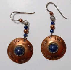 Copper and Black Lapis Earrings Round with Lizard Stamped Design Handcrafted