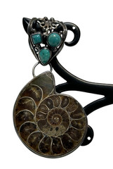 Sterling Silver Ammonite Fossil & Turquoise Gemstone Pendant Inlay New Signd 925