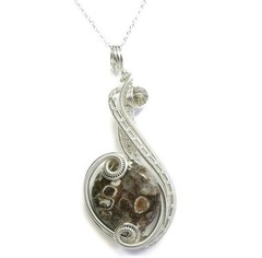 Rustic Turritella Agate Fossil Pendant – Sterling Silver Wire Wrapped Necklace f