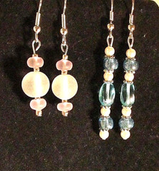 Two Pair Pink/White & Blue/White Beaded Silver Plated Pierced Earrings (#224)NEW