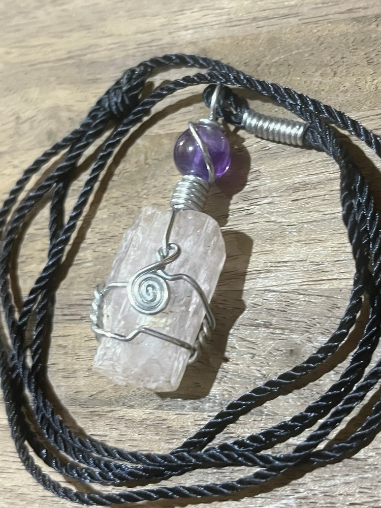 Pink Kunzite Crystal With Amethyst Bead Necklace, Kunzite Jewelry