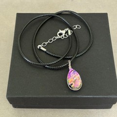 Dichroic Glass Teardrop Pendant on New Faux Leather Necklace Silver-Tone Lobster