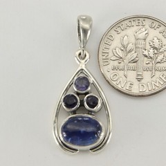 Blue Oval KYANITE and 3 Round Iolite Teardrop Pendant – 925 STERLING SILVER #11e