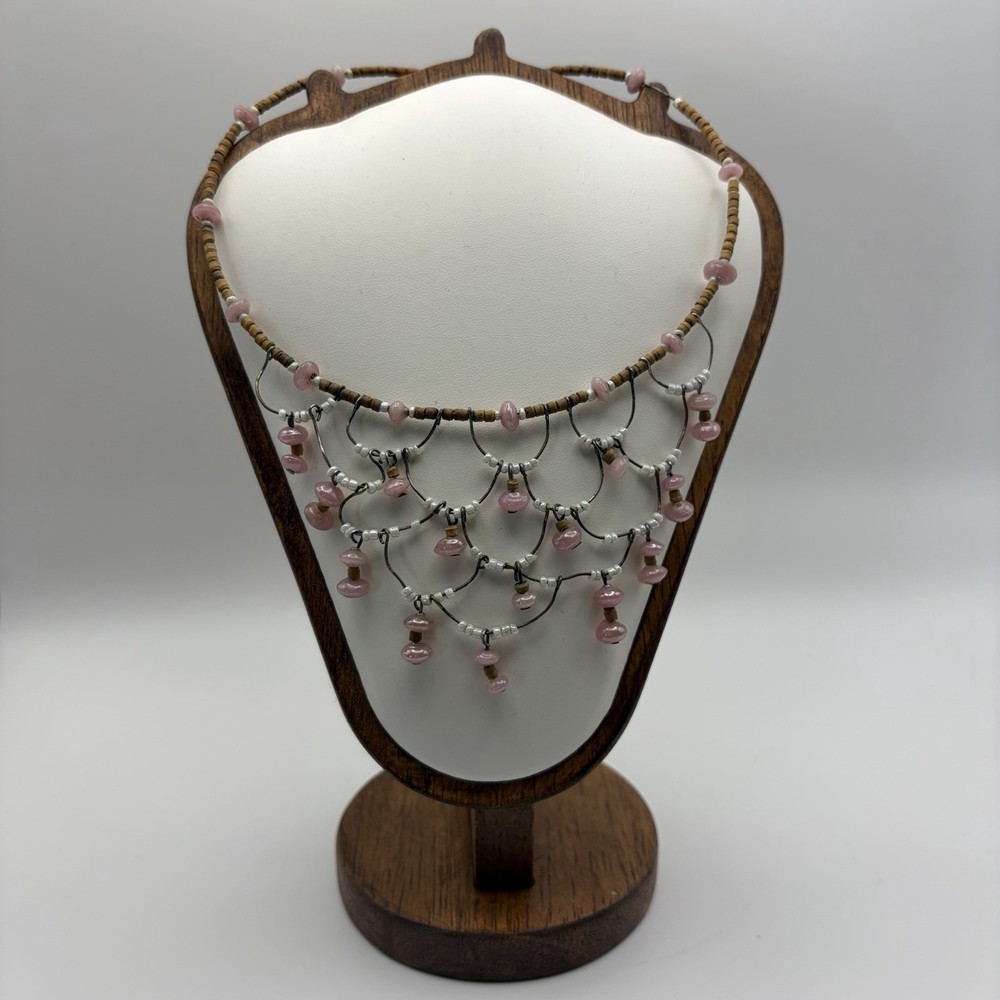 Handmade Women’s Pink Beaded Fringe Choker Pink and White Boho Fairycore Artisan