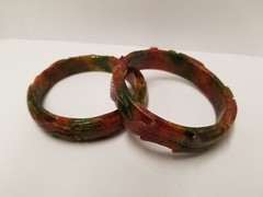 Two Carved Leaf Red Brown Green Jade Bangle Bracelets I.D. 60mm W. 6mm H. 15mm