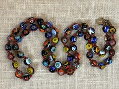 VTG Murano Signed Millefiori Glass Hand Knotted Necklace W/ Brass Filigree Caps
