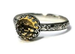 8mm Rose Cut Citrine Ring Symmetrical Flower Crown 925 Sterling Silver