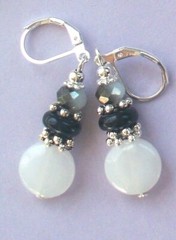 WHITE jadeite BLACK glass pearl earring SP LEVERBACK artisan #450-5