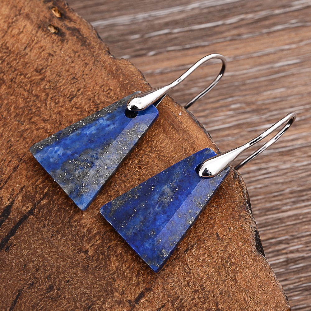Lapis Lazuli Flat Stone Dangle Earrings Blue Gemstone Dainty Drop Earrings
