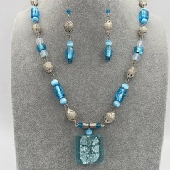 Artisan Handmade Beaded Necklace Earrings Icy Silver Blue Foil Art Glass Beads