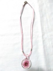 Pink and Pastel Pink Burst Glass Pendant on 16″ 4 Strand Pink Cord with Crystals