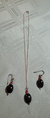 Black Onyx and Red Stone Bead Pendant Silver Tone Necklace & Pierced Earring Set