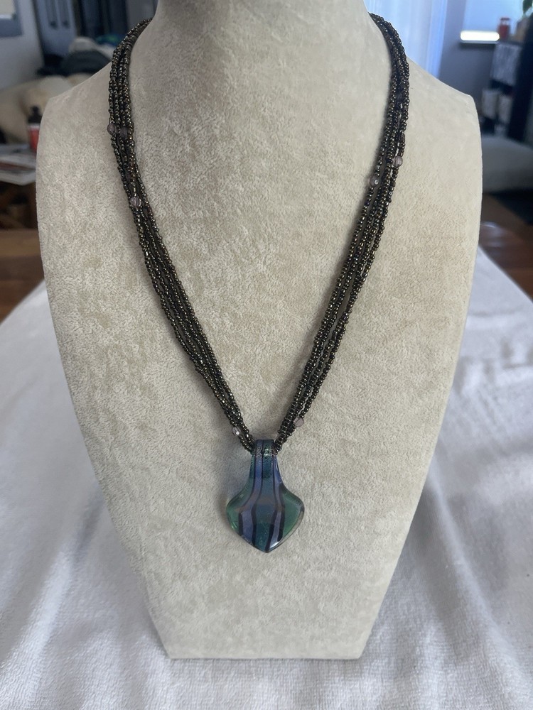 Studio Art Glass Pendant Necklace Blue Green Striped Multi Strand Seed Beads