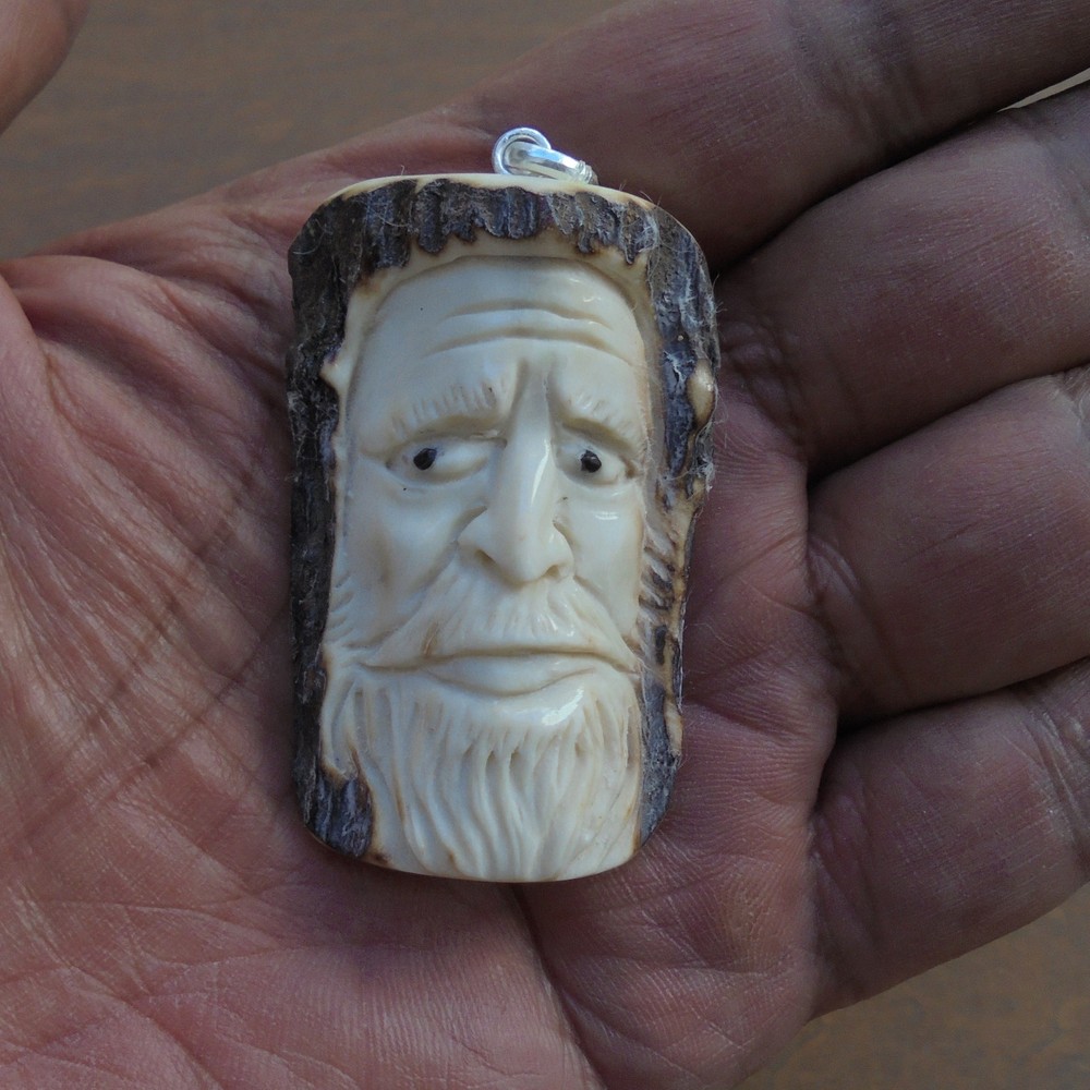 Mountain Man Wizard Carved Bone Pendant from Deer Antler with Plated Silver Bale
