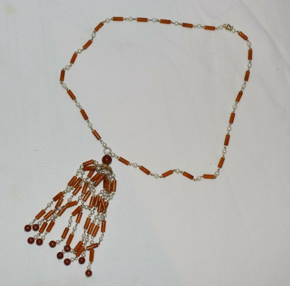 Orange, Red, and Imitation Pearl Bead Necklace, 28 in with 5 1/2 in tassel drop