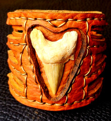 Shark fossil cuff bracelet genuine Buffalo Bison Leather to wrist size