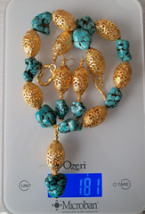 Turquoise Nugget Gold Filigree Beaded Statement Necklace Earring Set 181 Grams