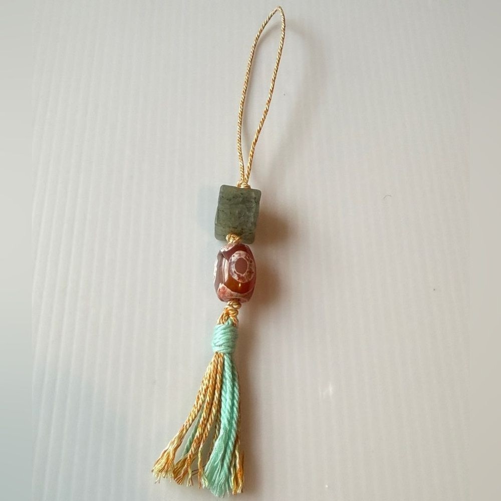 Handmade Green Jade Cube & Orange Dzi Agate Bead Tassel Keychain Purse Pendant