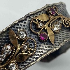 Sterling Silver 925 Red & Clear Stone Floral Cuff Bracelet Gold Tone Accents