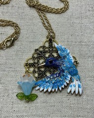 Hummingbird Necklace- Blue Bird , Acrylic Flower , Gold Tone, 18” Chain, Nature