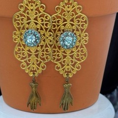 Adorned Crown Jewelry assemblage blue rhinestone hand filigree earrings