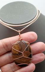 Copper Wire Wrap Tigers Eye Pendant. Handmade, Oval 2.25″