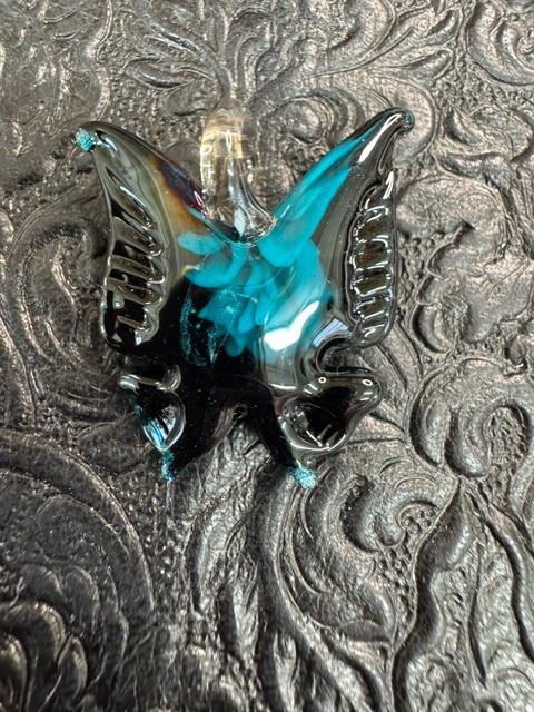 Hand Blown Art Glass Butterfly Pendant – Black & Teal