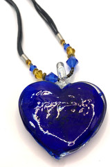 Hand Blown Art Glass Murano Style Heart Glass Pendant Necklace Dark Blue/Gold