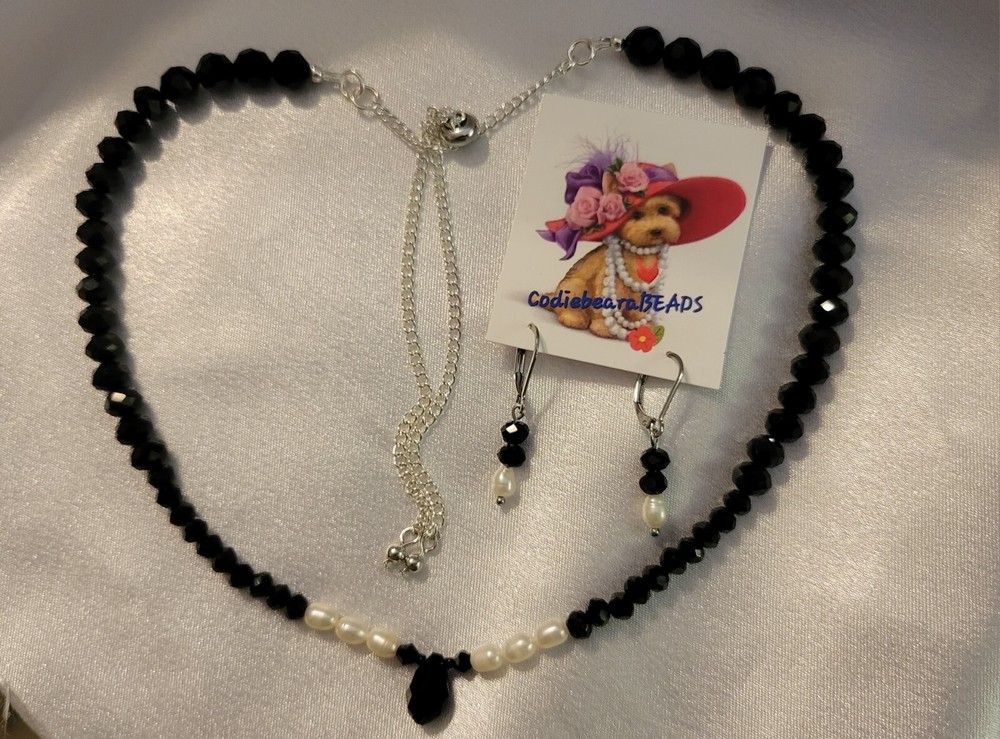CULTURED Pearls /Black CRYSTAL Necklace/ Earring Set Gift For Her. Giftboxed