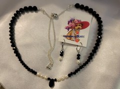 CULTURED Pearls /Black CRYSTAL Necklace/ Earring Set Gift For Her. Giftboxed