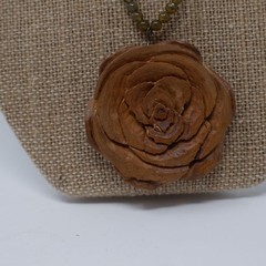 Wood carved rose pendant natural stone necklace boho western casual festival