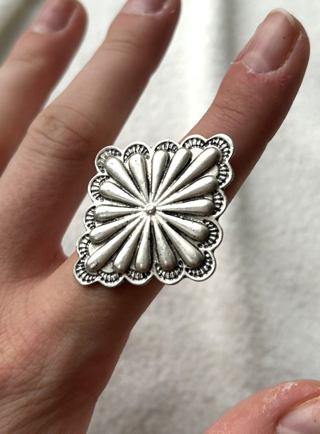 Handcrafted Concho Silver Tone Metal Adjustable Ring With A Repousse Design