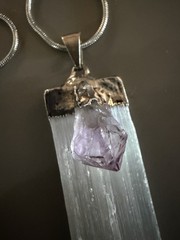 Selenite And Amethyst Gemstone Pendant Silver Chain 15” Necklace