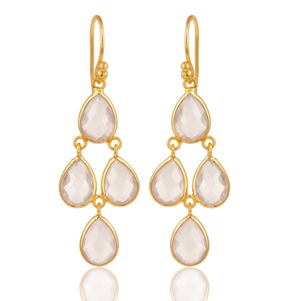 925 Sterling Silver Gold Plated Earring Rose Quartz Drop Dangle Earring Jewelry
