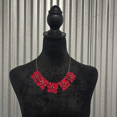 Bold Red Layered Flower Statement Necklace Gold Chain Glam Floral Jewelry