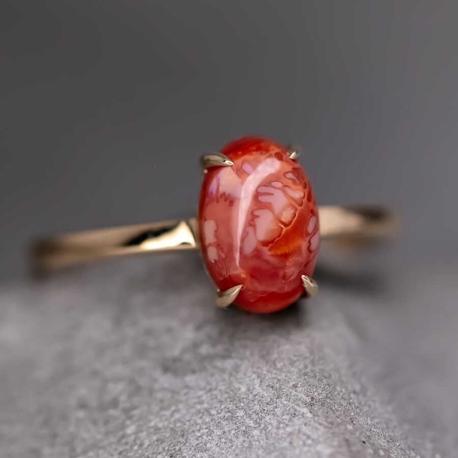 Unique Pattern Mexican Egg Fire Opal Engagement Wedding Ring 18K Yellow Gold