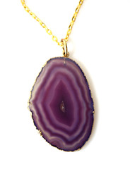 Agate Stone Slice Pendant Necklace Purple Clear Unique BOHO Jewelry Whimsi