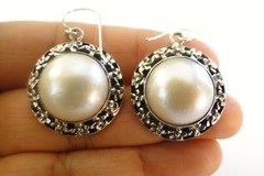 Round White Mabe Pearl Ornate 925 Sterling Silver Dangle Earrings