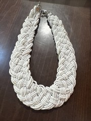 White Seed Bead Braided Statement Necklace Silver Mesh Summer Beachy