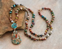 Sea Sediment Jasper Boho Long Necklace, Knotted Bead Bohemia Necklace
