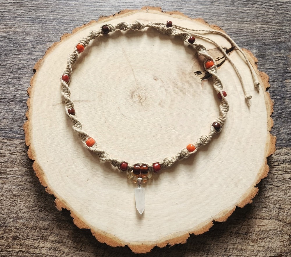 Hemp Necklace / Choker with Quartz Crystal Pendant and Glass Beads