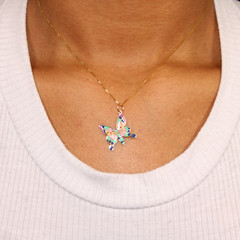 14k Solid Gold Butterfly Pendant Hand-Painted Multi-color Necklace, Animal