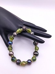 Black Baroque Pearls Green Handmade Lampwork Green Rhinestones Beaded Bracelet