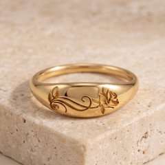 Gold Plated Sterling Silver Engraved Rose Signet Ring Jewelry