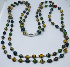 One Of A Kind Double Strand Recycled Artist Made Paper Bead Seed Bead Necklace