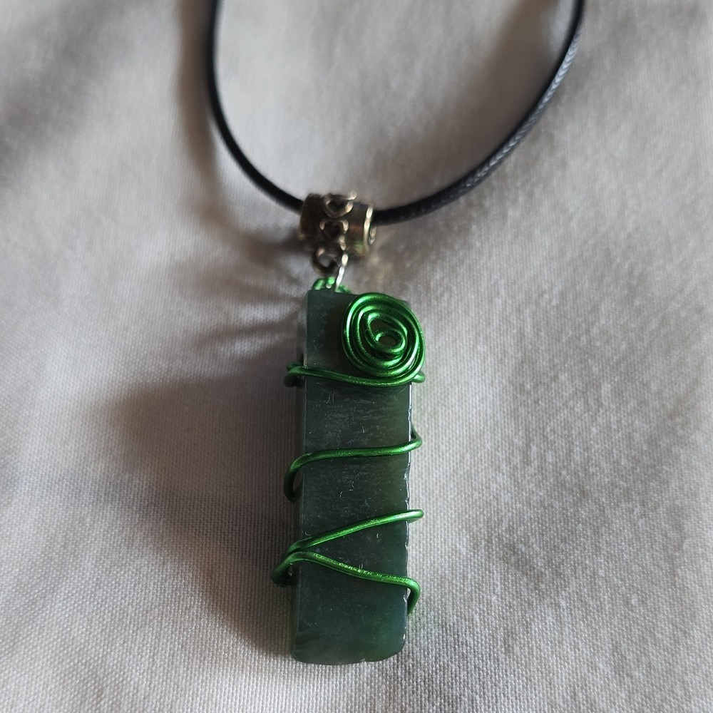 Handcrafted Green Wire Wrapped Bar Pendant Necklace Adjustable Cord Statement