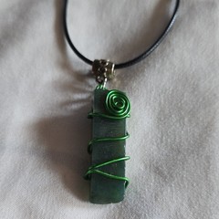 Handcrafted Green Wire Wrapped Bar Pendant Necklace Adjustable Cord Statement