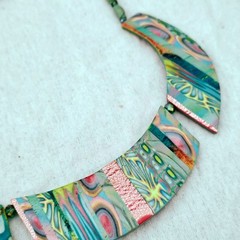 Karen Mical Design Necklace Green Pink Yellow Clay Colorful Artisan Statement